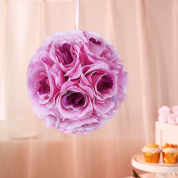 2 Pack | 7" Lavender Lilac Flower Ball, Rose Kissing Balls, Hanging Pomander, Flower Girl Bouquet, Silk Rose Ball, Wedding Centerpiece