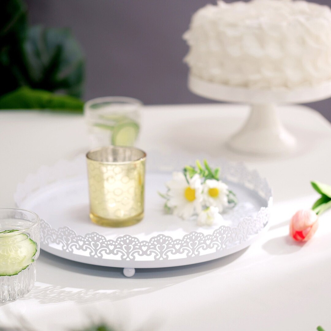 12" Premium Metal Decorative Serving Tray, White Round With Embellished ...