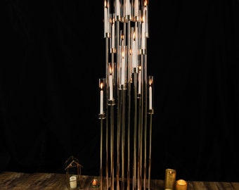 58" | 16 Arm Gold Cluster Taper Candle Holder Candelabra With Clear Glass Shades