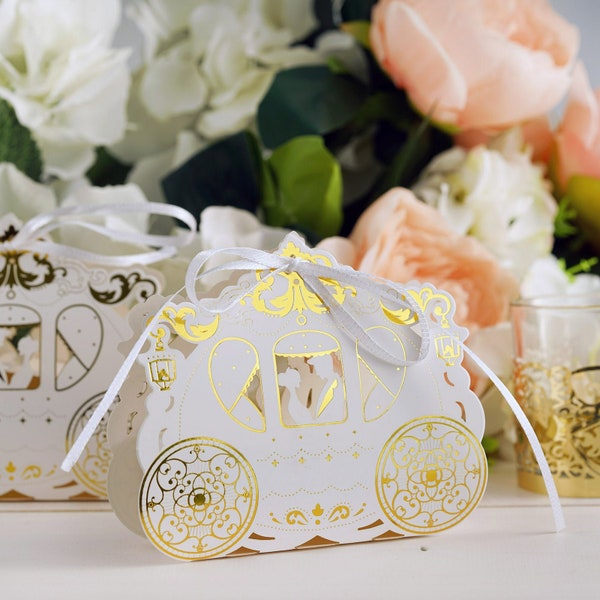 25 Pack | White Gold Cinderella Carriage Party Favor Boxes, Wedding Party Favors Candy Boxes, Gift Boxes, Party Supplies, Wedding Decor