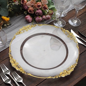 6 Pack | 13&quot; Clear Gold Embossed Baroque Round Charger Plates With Antique Design Rim
