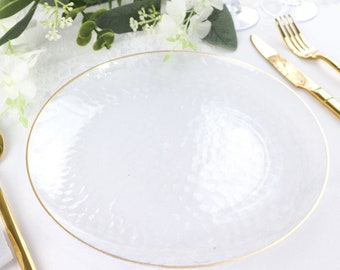 10 Pack | 9" Clear Hammered Round Plastic Dinner Plates With Gold Rim, Disposable Party Plates, Modern Dinnerware, Decorative Plates