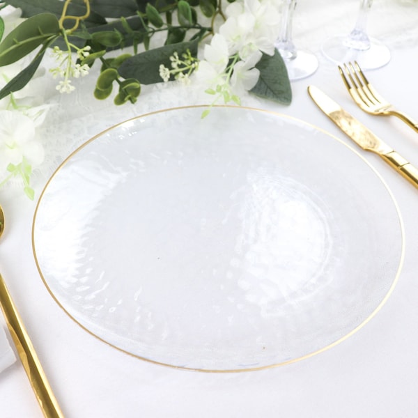 10 Pack | 9" Clear Hammered Round Plastic Dinner Plates With Gold Rim, Disposable Party Plates, Modern Dinnerware, Decorative Plates