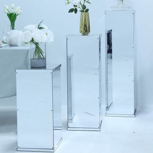 Set of 5 - Silver Acrylic Pedestal Riser, Acrylic Display Box, Floral and Centerpiece Riser, Wedding Plinth, Showcase Box, Mirror Finish