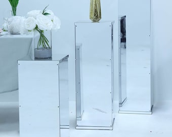 Set of 5 - Silver Acrylic Pedestal Riser, Acrylic Display Box, Floral and Centerpiece Riser, Wedding Plinth, Showcase Box, Mirror Finish