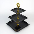 Black 3 Tier Plastic Cupcake Stand, Dessert Holder Display Stand, Square Cupcake Tower with Heart Design Scalloped Edges - 13" Tall