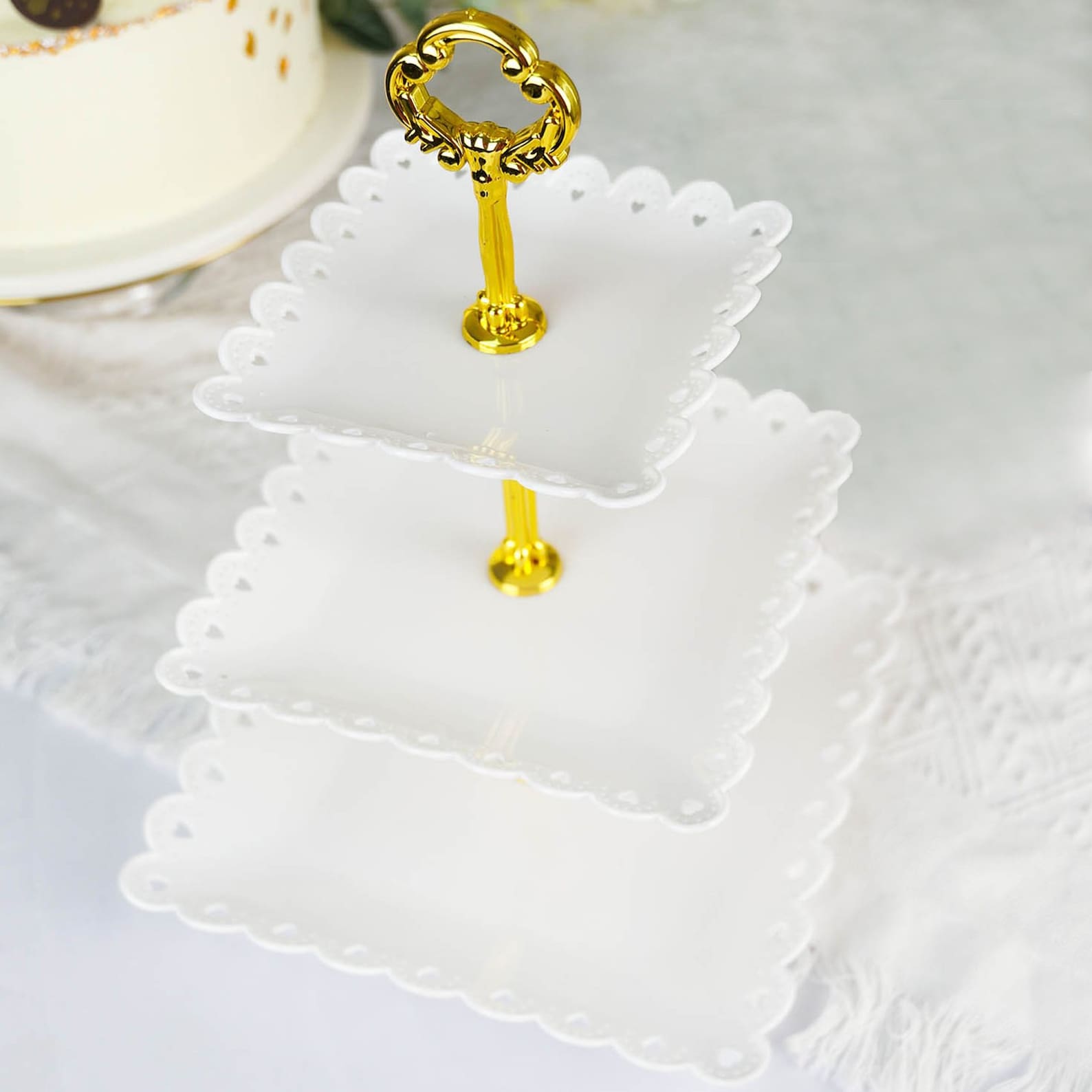 White 3 Tier Plastic Cupcake Stand Dessert Holder Display Stand Square Cupcake Tower with Heart Design Scalloped Edges  13 Tall
