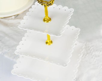 White 3 Tier Plastic Cupcake Stand, Dessert Holder Display Stand, Square Cupcake Tower with Heart Design Scalloped Edges - 13" Tall