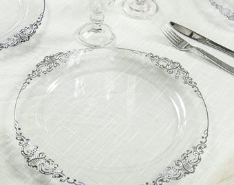 20-Pack Economy Plastic Charger Plates 13" Round Clear with Silver Embossed Baroque Rim - Stylish Dinner Party Serving Plates