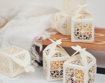 25 Pack | Ivory Butterfly Top Laser Cut Lace Print Wedding Favor Boxes, Gift Boxes, Candy Boxes, Baby Shower Favor Boxes - 2"L x 2"W x 3"H