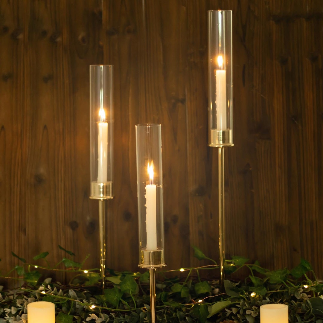 Set of 3 | Tall Gold Metal Taper Candle Holders, Clear Glass ...