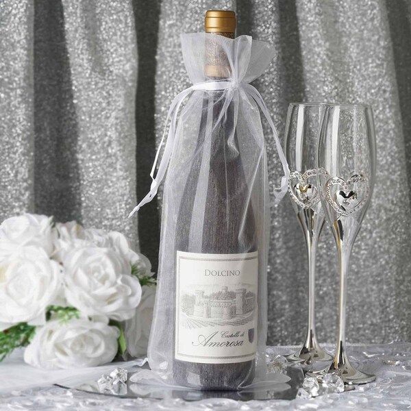 10 Pack | 6"x15" White Organza Bags, Wine Bags, Wedding Party Favors, Housewarming Gift Bags, Drawstring Bags, Wine Bottle Favor Decor