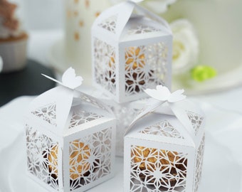 25 Pack | White Butterfly Top Laser Cut Lace Print Wedding Favor Boxes, Gift Boxes, Candy Boxes, Baby Shower Favor Boxes - 2"L x 2"W x 3"H