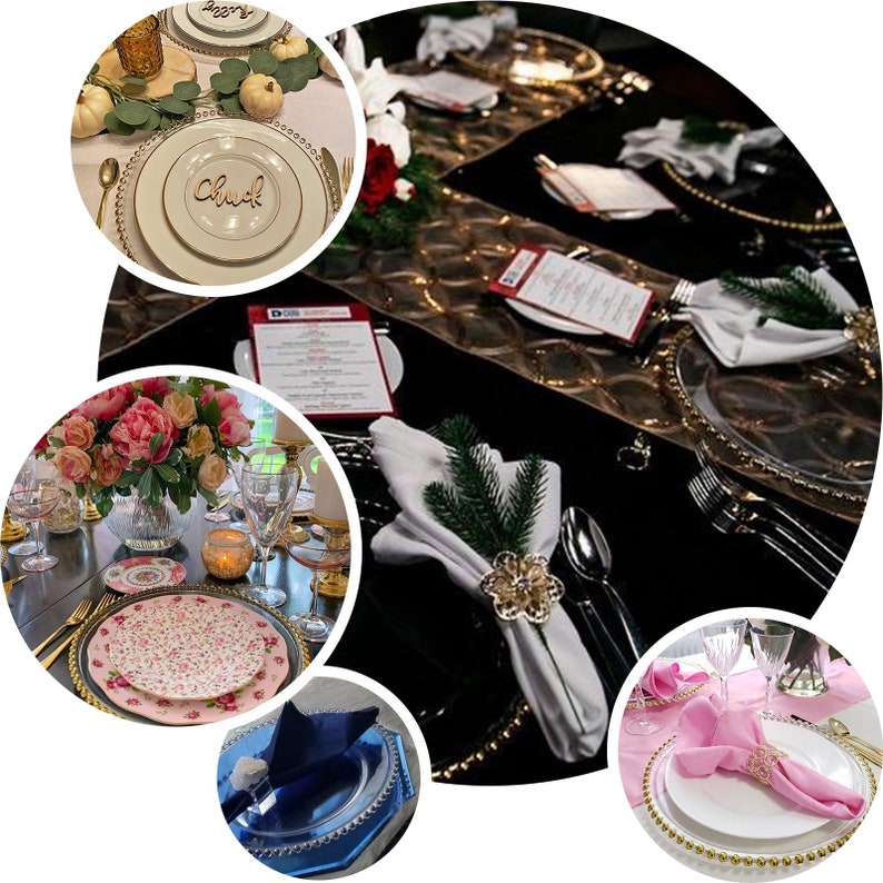 Set of 6 12 Clear Acrylic Charger Plates with Rose Gold Beaded Rim, Plate Chargers, Round Charger Plates, Dining & Serving, Reception image 6