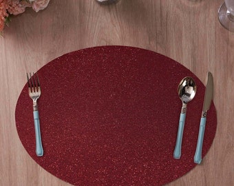 6 Pack | Burgundy Sparkle Placemats Non Slip Decorative Table Placemat, Oval With Glitter Sparkles