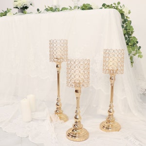 Set of 3 | Gold Crystal Beaded Goblet Votive Candle Holder Centerpieces, Tea Light Candle Stands - 18&quot;, 16&quot;, 14&quot;