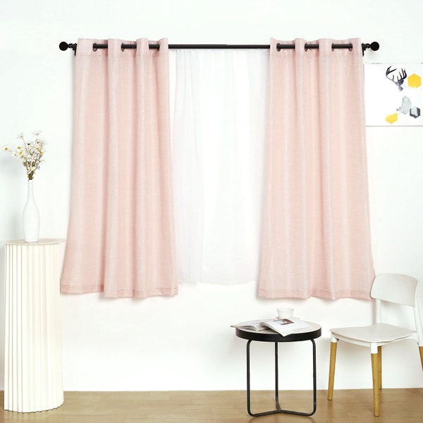 Set Of 2 | 52"x64"| Faux Linen Curtain Panels, Bedroom Curtains Window Treatment Door Window Curtains With Chrome Grommets - Blush/Rose Gold