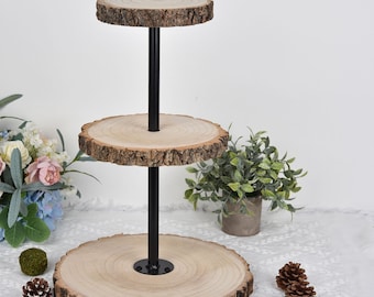 19&quot; Tall | 3 Tier Rustic Cupcake Stand, Wood Slice Cupcake Holder, Natural Wooden Cake Stand Dessert Display With Metal Pole