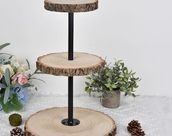 19" Tall | 3 Tier Rustic Cupcake Stand, Wood Slice Cupcake Holder, Natural Wooden Cake Stand Dessert Display With Metal Pole