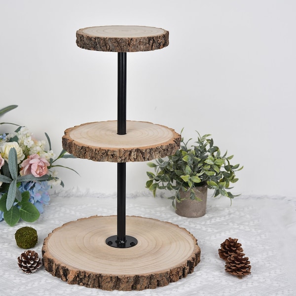 19" Tall | 3 Tier Rustic Cupcake Stand, Wood Slice Cupcake Holder, Natural Wooden Cake Stand Dessert Display With Metal Pole