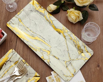 10 Pack | 16"x8" Ivory Marble Design Heavy Duty Paper Serving Trays With Gold Accents - 1100 GSM