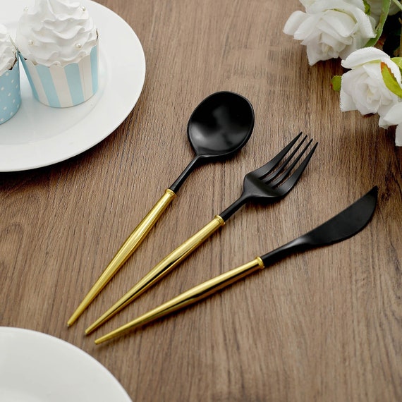 Gold & Black Plastic Cutlery Set for 8