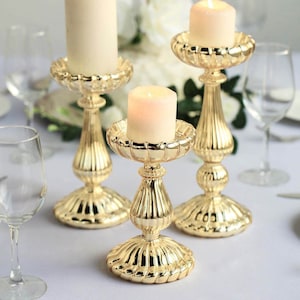 Efavormart | Set of 3 - Mercury Glass Gold Pillar Candle Holders, Taper Candle Holders - 7&quot;, 8&quot;, 10&quot;