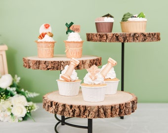 12" Tall | 3-Tier Wood Slice Cheese Board, Rustic Cupcake Stand, Wood Cupcake Display Stand, Half Moon Rustic Wedding Centerpiece