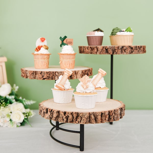 12" Tall | 3-Tier Wood Slice Cheese Board, Rustic Cupcake Stand, Wood Cupcake Display Stand, Half Moon Rustic Wedding Centerpiece