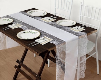 16"x108" White Faux Burlap & Trim Lace Table Runner, Country, Barn, Shabby Chic Wedding Reception Farmhouse Table Runner
