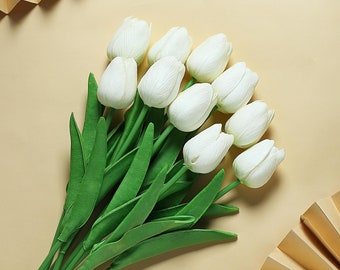 10 Pack | 13" White Single Stem Real Touch Tulips Silk Flowers Bouquet, Foam Wedding Flowers, Vase Flowers, DIY Bouquets, Artificial Tulips