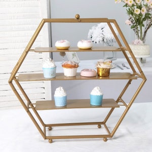 21" | 3 Tier Gold Cupcake Stand, Cupcake Holders, Hexagon Cupcake Display, Metal Dessert Stand for Cupcakes, Wedding Cupcake Stand