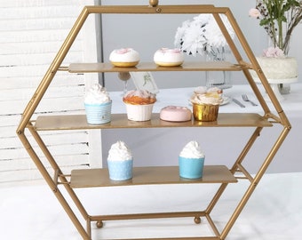 21" | 3 Tier Gold Cupcake Stand, Cupcake Holders, Hexagon Cupcake Display, Metal Dessert Stand for Cupcakes, Wedding Cupcake Stand