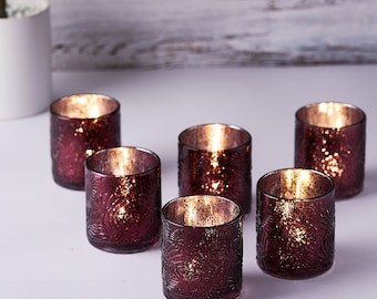 Mercury Glass Candle Holders, Votive Tealight Holders Candle Holder For Wedding Centerpieces - 6 Pack | Burgundy Palm Leaf Design