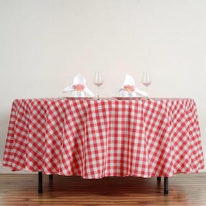 Buffalo Plaid Tablecloth | 108&quot; Round | White/Red | Checkered Gingham Polyester Tablecloth