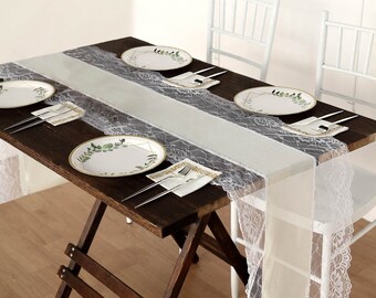 16"x108" Ivory Faux Burlap & Trim Lace Table Runner, Country, Barn, Shabby Chic Wedding Reception Farmhouse Table Runner