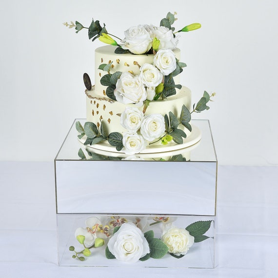 14 x14 Silver Acrylic Cake Box Stand Mirror Finish Display Box Pedestal Riser with Hollow Bottom