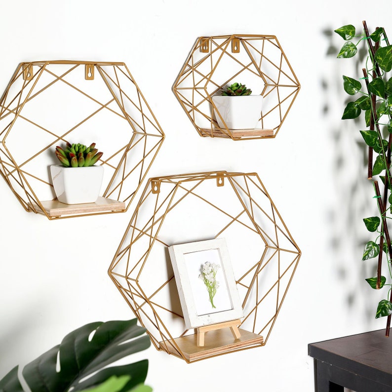 Set of 3 Gold Geometric Floating Wall Shelves Home Decor Etsy