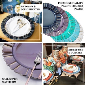 6 Pack 13 Dusty Blue Southwestern Style Plastic Charger Plates With Gold Brushed Waved Scalloped Rim Round image 5