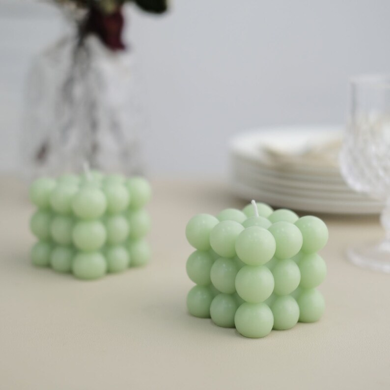2 Pack | 2" Sage Green Bubble Cube Decorative Paraffin Wax Candle Set, Unscented Long Burning Pillar Candle Gift
