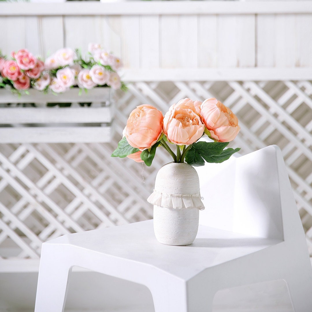 10 Peach Silk Peony Bouquet Artificial Flowers, Wedding Flowers, Faux Peonies Centerpiece Floral ...