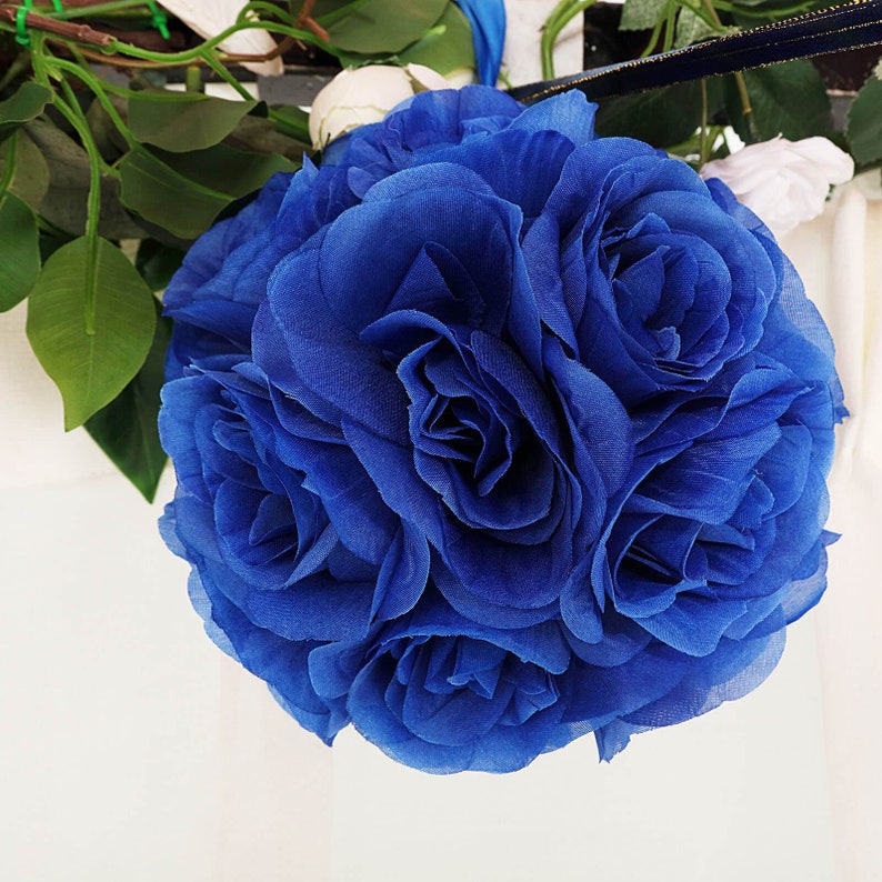 2 Pack | 7inch Royal Blue Flower Ball, Rose Kissing Balls, Hanging Pomander, Flower Girl Bouquet, Silk Rose Ball, Wedding Centerpiece