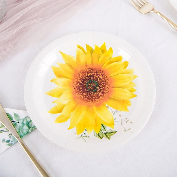 25 Pack 7 Sunflower Dessert Appetizer Paper Plates, Disposable Party Plates  