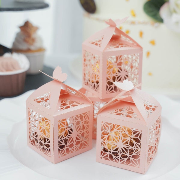 25 Pack | Blush Rose Gold Butterfly Top Laser Cut Lace Print Wedding Favor Gift Boxes, Candy Box, Baby Shower Favor Boxes - 2"L x 2"W x 3"H