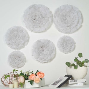 6 Multi Size Pack | Carnation White Dual Tone 3D Wall Large Tissue Paper Flowers Wholesale - 12&quot;,16&quot;,20&quot;