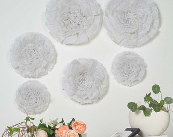 6 Multi Size Pack | Carnation White Dual Tone 3D Wall Large Tissue Paper Flowers Wholesale - 12",16",20"