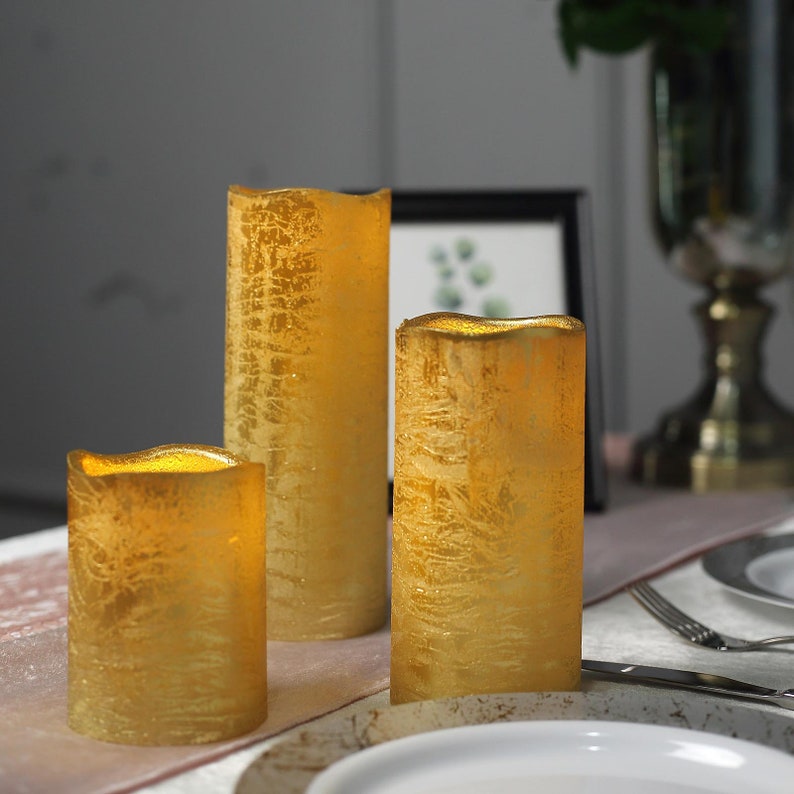 Metallic Gold Flameless Pillar Candles Candle Pillars With Etsy