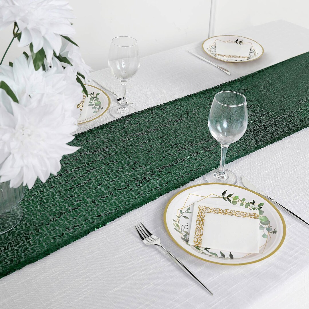 12"x108" Hunter Emerald Green Sequin Table Runners, Glitz Gold Table ...