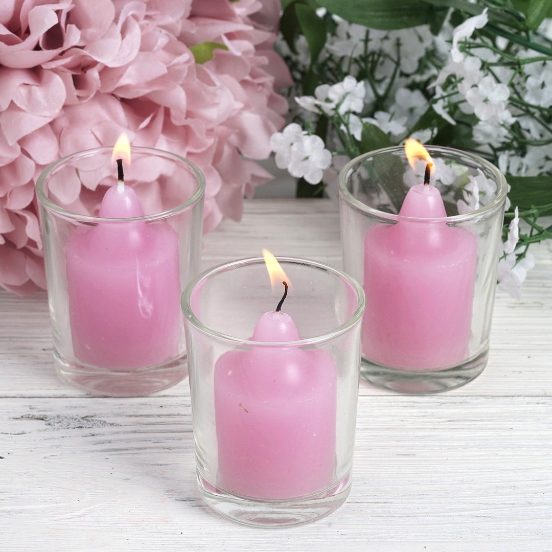 12 Pack Lavender Lilac Votive Candles With Clear Votive Candle Holders