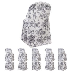 May include: White chair covers with a black floral pattern. The covers are designed to fit over chairs, with a fitted back and a skirt that drapes to the floor. The floral design is a classic toile pattern.